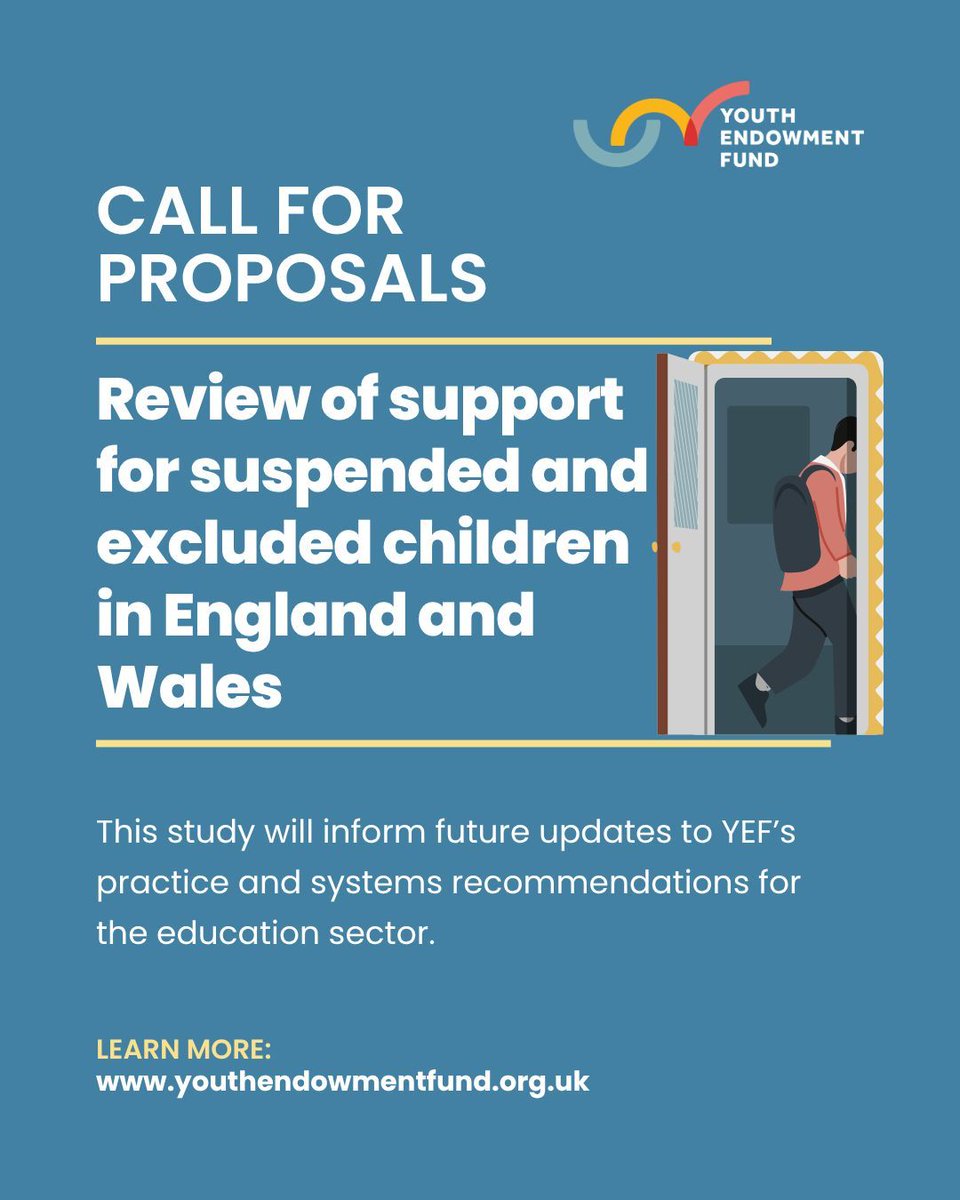 📣 Call for proposals

YEF is seeking a research team to conduct a mixed-method study on support for suspended and excluded children in schools across England and Wales. Your findings will directly inform our recommendations for the education sector.

🗓️ Deadline for proposals: