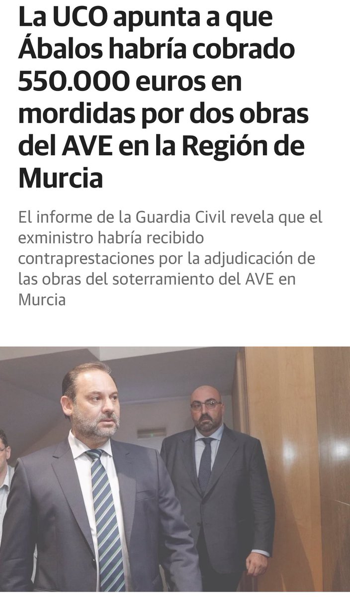 AntonioGuillenH's tweet photo. 🚨¡ESCÁNDALO!

🔴#UCO: Ábalos habría cobrado 550.000 € en mordidas por dos obras del #AVE en la Región de #Murcia.

✅Es de 1º de socialismo redistribuir riqueza…

💥Pero claro, si no compartes con la banda… te echan.

👉🏻¡Mangantes!

💚#YoConLaUCO🇪🇸
https://t.co/39puwvtshm https://t.co/Nvt83YBKei
