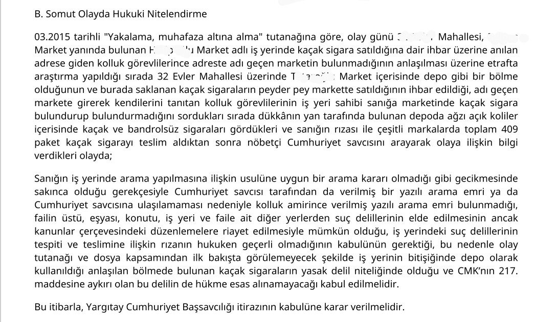 avbilgekaankece's tweet photo. Usulüne uygun arama kararı, yazılı arama izni ya da yazılı arama emrinin varlığından, iş yerlerinin bitişindeki depodaki kaçak sigaralar RIZAEN TESLİM EDİLSE DAHİ yasak delildir . CMK 217. Maddesine aykırı olan bu delilin esası alınamaz.  YCGK 14.02.2024 T. 2023/378E. 2024/64 K. https://t.co/SijppU74YL