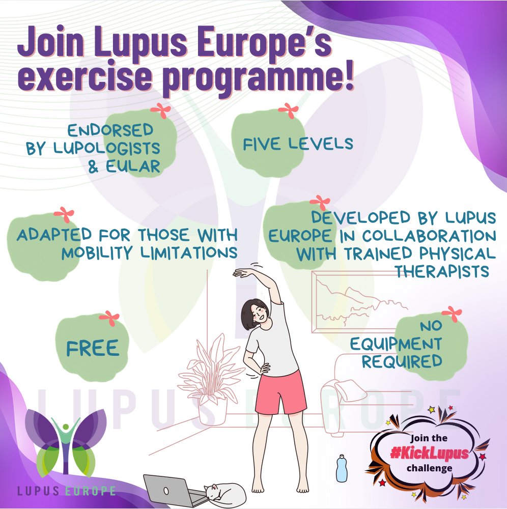 LupusEurope's tweet photo. ✅ Exercise plays a key role in RMDs &amp; #lupus, as data shows that regular PA ⬆️ joint function &amp; ⬇️ fatigue. 

Have you seen our exercise programme? It has been tailored for all skill levels and adapted for people with mobility limitations!

https://t.co/oCaRccx9oZ

#EULAR2025 https://t.co/cM6GZuNGr7