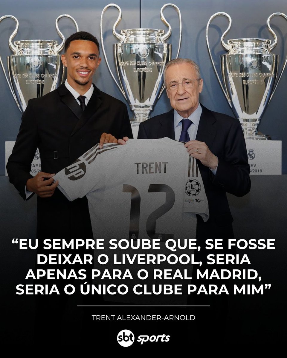 Criado no Liverpool e deixou o clube apenas para jogar no maior campeão da Champions! Trent Alexander-Arnold foi apresentado nesta quinta-feira (12) como novo lateral-direito do Real Madrid e oficializou que vestirá a camisa 12, imortalizada nos merengues pelo Marcelo! #SBTSports