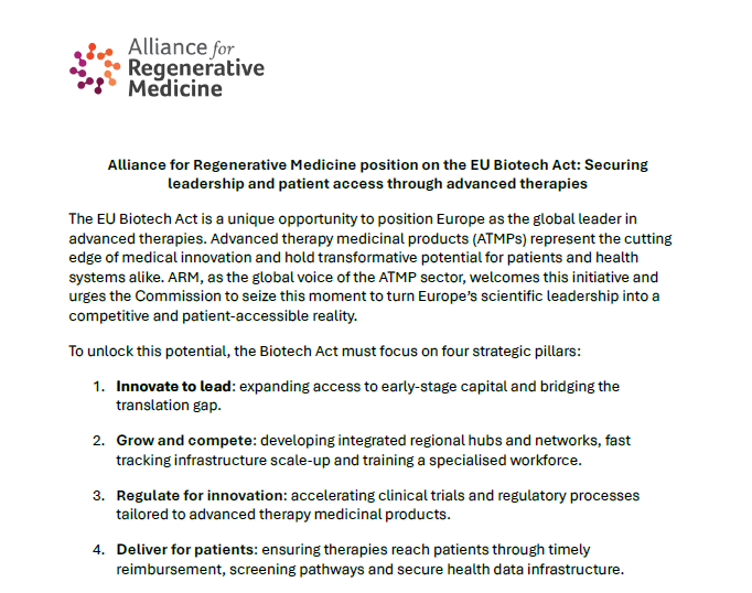 alliancerm's tweet photo. This week, ARM submitted its response to the EC’s call for evidence on the EU Biotech Act.
Europe has the science, infrastructure, and talent to lead in #ATMPs, but realizing that potential will require bold policy action.
📄https://t.co/1JZOmpKZPE
1/4 https://t.co/oK1hZ9nYLF