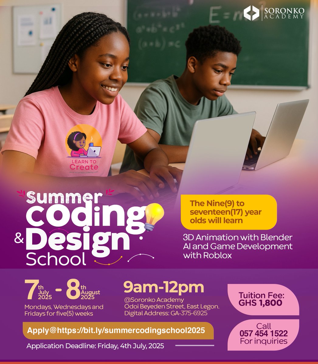 soronkoacademy's tweet image. Teens aged 9–17 can create their own 3D animations and games this summer at Soronko Academy. Using Blender AI and Roblox Studio, they’ll turn their ideas into real digital projects! From animation to coding, it’s all hands-on.
#SummerClass #SummerCodingClass