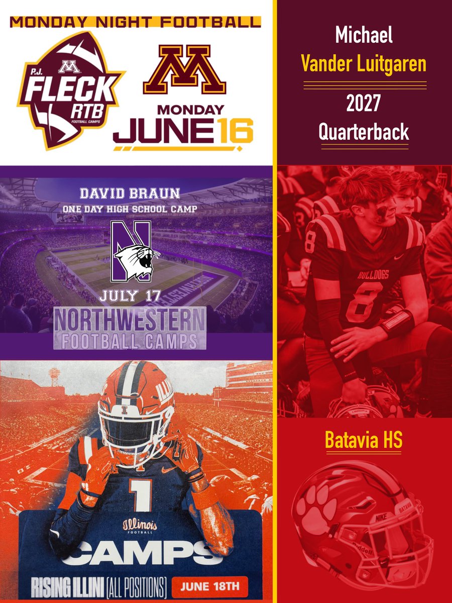 Michael Vander Luitgaren (@mike_vander11) on Twitter photo Camps for next week
Monday June 16 - <a href="/GopherFootball/">Minnesota Football</a> <a href="/CoachHarbaugh/">Greg Harbaugh, Jr.</a> <a href="/CoachKOHara/">Keegan O'Hara</a>
Tuesday June 17 - <a href="/NUFBFamily/">Northwestern Football</a> <a href="/CoachLujan/">Zach Lujan</a> <a href="/zmart_15/">Zach Martin</a>
Wednesday June 18 - <a href="/IlliniFootball/">Illinois Football</a> <a href="/BarryLunneyJr/">Coach Barry Lunney, Jr</a> <a href="/artursitkowski4/">Artur Sitkowski</a>
Excited for the opportunity to work with the coaches and to compete. Camps for next week
Monday June 16 - <a href="/GopherFootball/">Minnesota Football</a> <a href="/CoachHarbaugh/">Greg Harbaugh, Jr.</a> <a href="/CoachKOHara/">Keegan O'Hara</a>
Tuesday June 17 - <a href="/NUFBFamily/">Northwestern Football</a> <a href="/CoachLujan/">Zach Lujan</a> <a href="/zmart_15/">Zach Martin</a>
Wednesday June 18 - <a href="/IlliniFootball/">Illinois Football</a> <a href="/BarryLunneyJr/">Coach Barry Lunney, Jr</a> <a href="/artursitkowski4/">Artur Sitkowski</a>
Excited for the opportunity to work with the coaches and to compete.