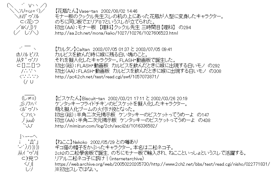 VaseCaltan's tweet photo. プチキャラAAをこよなく愛し、日々調査や研究をしている者です。
それ以外にも主に花瓶たんやカルタンが活躍するゲームを製作中です。
2023/08/05に世界初の花瓶たんとカルタンの3Dゲームを公開しました。

また、プチキャラAAや萌え擬人化キャラが活躍するまとめページの収集、公開も行っています。
収集対象は消滅間際のサイトやすでに消滅したが、復元が比較的容易なサイトです。
もし、見かけましたらこちらに報告していただけると幸いです。
・asd(asd-dsa)のホームページ
https://t.co/AnQhrwWkRp
・asd(asd-dsa)'s homepage
https://t.co/KMQW0oIr5H

プチキャラAAや萌え擬人化キャラに関する情報をまとめたwikiを公開しています。
情報量に関しては他のどのwikiにも負けないくらいの勢いで記事を作成していきます。
（他の人も編集可能です）
・プチキャラAA＆萌え擬人化＆イメージキャラ Wiki
https://t.co/6S5qz15szx

花瓶たん達の復権を願って立てたスレッド「花瓶、カルタン、ビスケ、ときどきねここ」もよろしくお願いします。
https://t.co/kcoSCAhQAT

キャラクターの誕生日（初出）まとめ

【花瓶たん】Vase-tan
・2002/08/02 14:46（AA）
【理科】クックル先生 三時間目【理科】の294
https://t.co/r60TWZahNL

【カルタン】Caltan
・2003/07/05 01:37（絵）
カルピスを飲んだときに喉に出現する白いモノ の292
https://t.co/K4fkbXksxf
https://t.co/lOv4M1COZJ
・2003/07/05 09:41（AA）
カルピスを飲んだときに喉に出現する白いモノ の308
https://t.co/468F1KmvS5

【ビスケたん】Biscuit-tan
・2002/03/21 17:11（絵）
ケンタッキーのビスケットってうめーよ の147
https://t.co/XtyzqN1vuL
https://t.co/skU8jZmaDB
・2002/03/26 20:19（AA）
ケンタッキーのビスケットってうめーよ の438
https://t.co/uHySPrwIPA

【ねここ】Nekoko
・2002/05/29（AA）
※ログが消滅している。