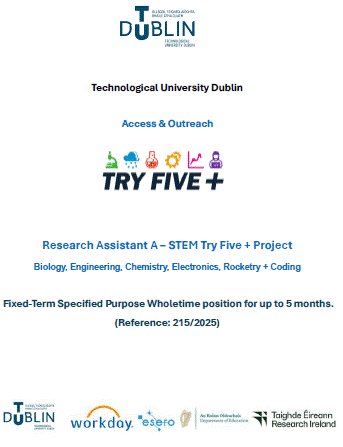 tudublinaccess's tweet image. 📢Join Our STEM Adventure — We’re Looking for a Research Assistant in Access & Outreach
📌Research Assistant A - STEM: Try Five + Project
Further information and application details can be found at tudublin.ie/connect/commun…
