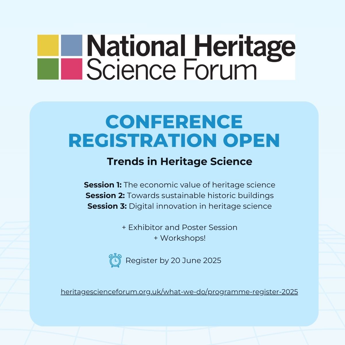 🚨⏰This is your last chance to sign up for the NHSF Conference 'Trends in Heritage Science' - registration closes tomorrow!! 🚨⏰

There is so much to look forward to. We'd really love to see you there on 10 July.

👉Register here: heritagescienceforum.org.uk/what-we-do/pro…