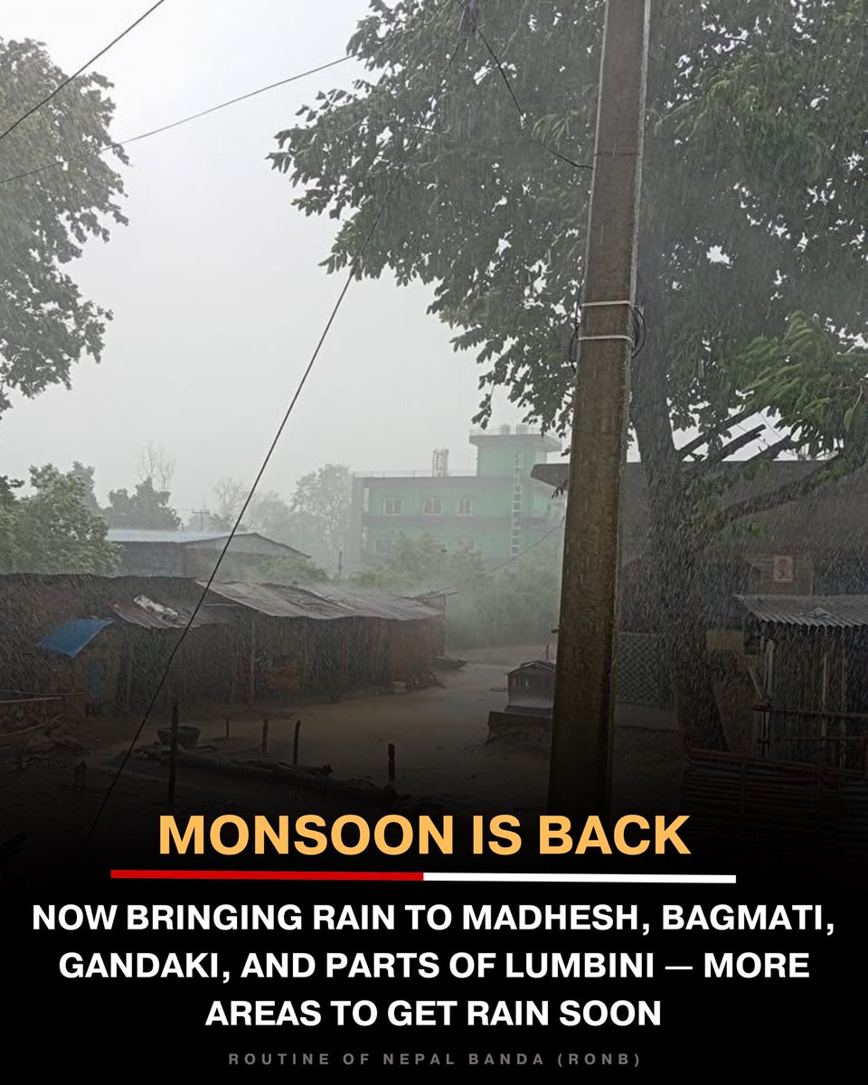 RONBupdates's tweet photo. Monsoon is Back: The monsoon season, which entered Koshi Province on Jeth 15 (May 29) and then paused, has now entered Madhesh, Bagmati, some parts of Gandaki, and some parts of Lumbini. It will take a few more days for it to reach the remaining areas. #BeAlertStaySafe
File Pic. Nabin Bhandari
