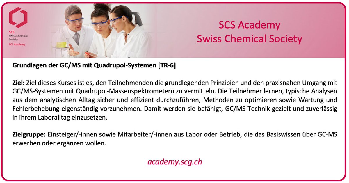 🔔Es gibt noch freie Plätze in dem NEUEN SCS Academy Kurs - Melden Sie sich doch noch heute an! 
Grundlagen der GC/MS mit Quadrupol-Systemen [TR-6] 
🗓️ 02.10.2025, <a href="/Shimadzu/">Shimadzu</a> Europa, Muttenz 
➡️academy.scg.ch/de/home/tr/584… #academy #scs #chemistry #laboratory #analyticalsciences