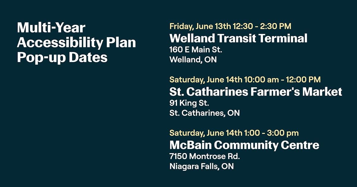 Our community pop-ups begin tomorrow, Friday, June 13 - don't miss your chance to shape the future of transit accessibility in our region!

What is Niagara Transit doing well when it comes to accessibility?
What could Niagara Transit be doing better when it comes to