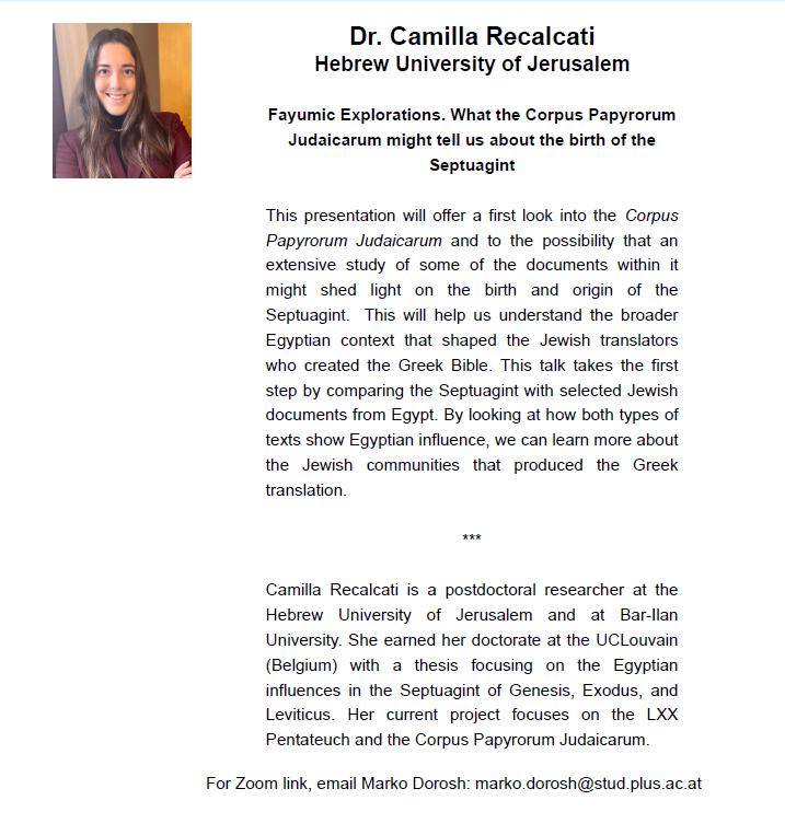 IOSCSOfficial's tweet image. Lecture: "Fayumic Explorations: What the Corpus Papyrorum Judaicarum might tell us about the birth of the Septuagint," by Camilla Recalcati (@CamillaLxx), hosted by the EABS Monthly Graduate Seminar, 18 June 2025, 19:00 CEST.