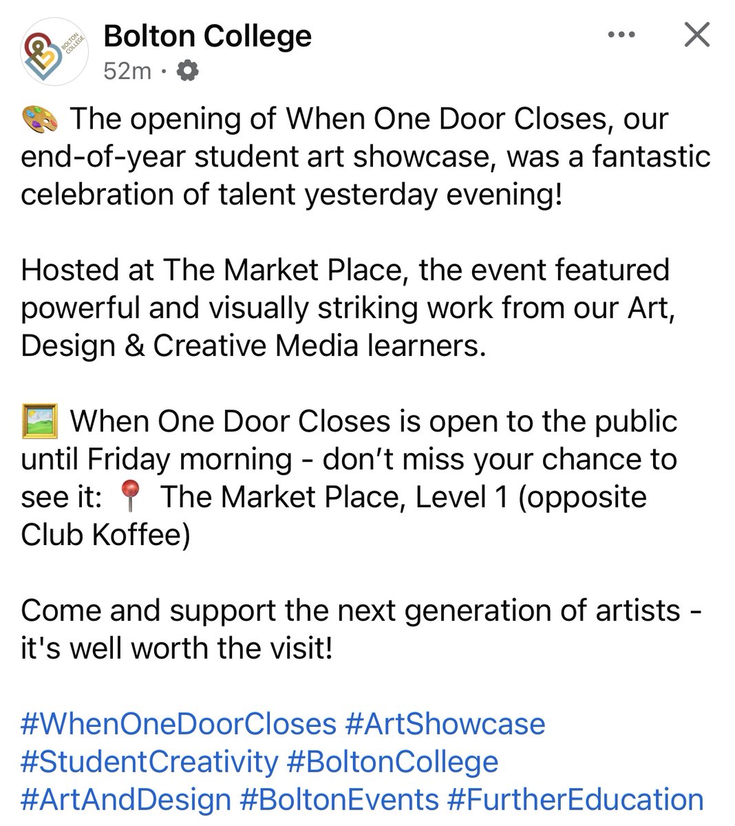 Celebrating past pupils:
We are always delighted to see our past pupils following their dreams.  Huge congratulations to past pupil Joseph G who has created some brilliant art work which has been featured in Bolton College's 'when one door closes' end of year student art showcase