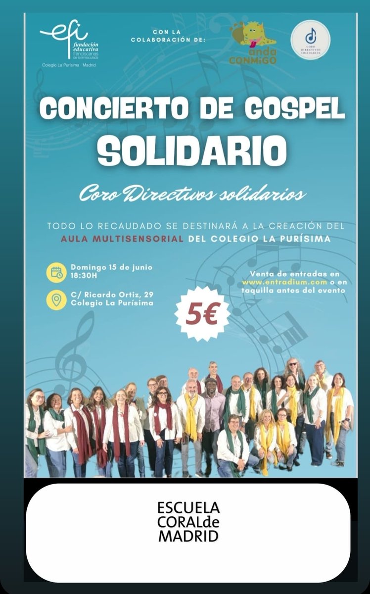 Domingo 15 de junio. Concierto de Gospel solidario, con la participación del Coro Directivos Solidarios, dirigido por Amos Obasohan. 18:30 h en C/ Ricardo Ortiz, 29. Entrada: 5€
Todo lo recaudado se destinará a la creación del Aula Multisensorial del Colegio La Purísima.