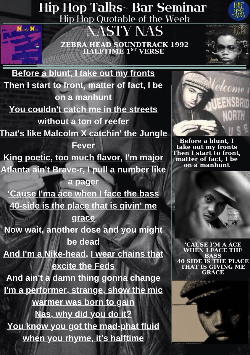hiphoptalks1's tweet image. For this week’s “Bar Seminar”, Hip Hop Quotable, @jaythabeast went with Nas’ 1st verse on “Halftime” in 92’ to his 1st verse on “Speechless” in 2020. The ascension of a young dope MC in 92’ to the reflection of the greatest MC of the present. Masterfully displayed in the 2 songs