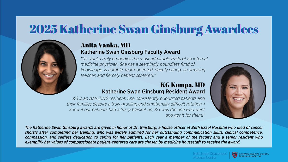 Each year, the Katherine Swan Ginsburg Humanism in Medicine Program, presents awards in recognition of providing compassionate patient-centered care and embodying the program's core values. 

Please join us in congratulating our 2025 recipients: Dr. Anita Vanka &amp; Dr. KG Kompa! 🌟