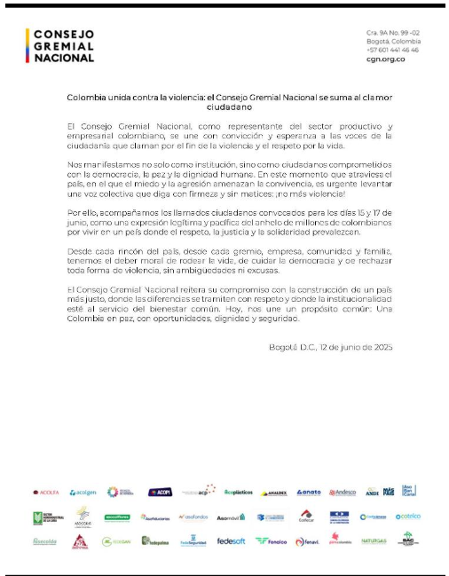 🇨🇴💙 #ColombiaUnida contra la violencia. Desde el Consejo Gremial de Boyacá nos sumamos con esperanza y convicción al llamado por la vida, la paz y la dignidad. 

Porque creemos en una #Colombia donde el respeto, la justicia y la solidaridad sean el camino. 

#BoyacáUNida