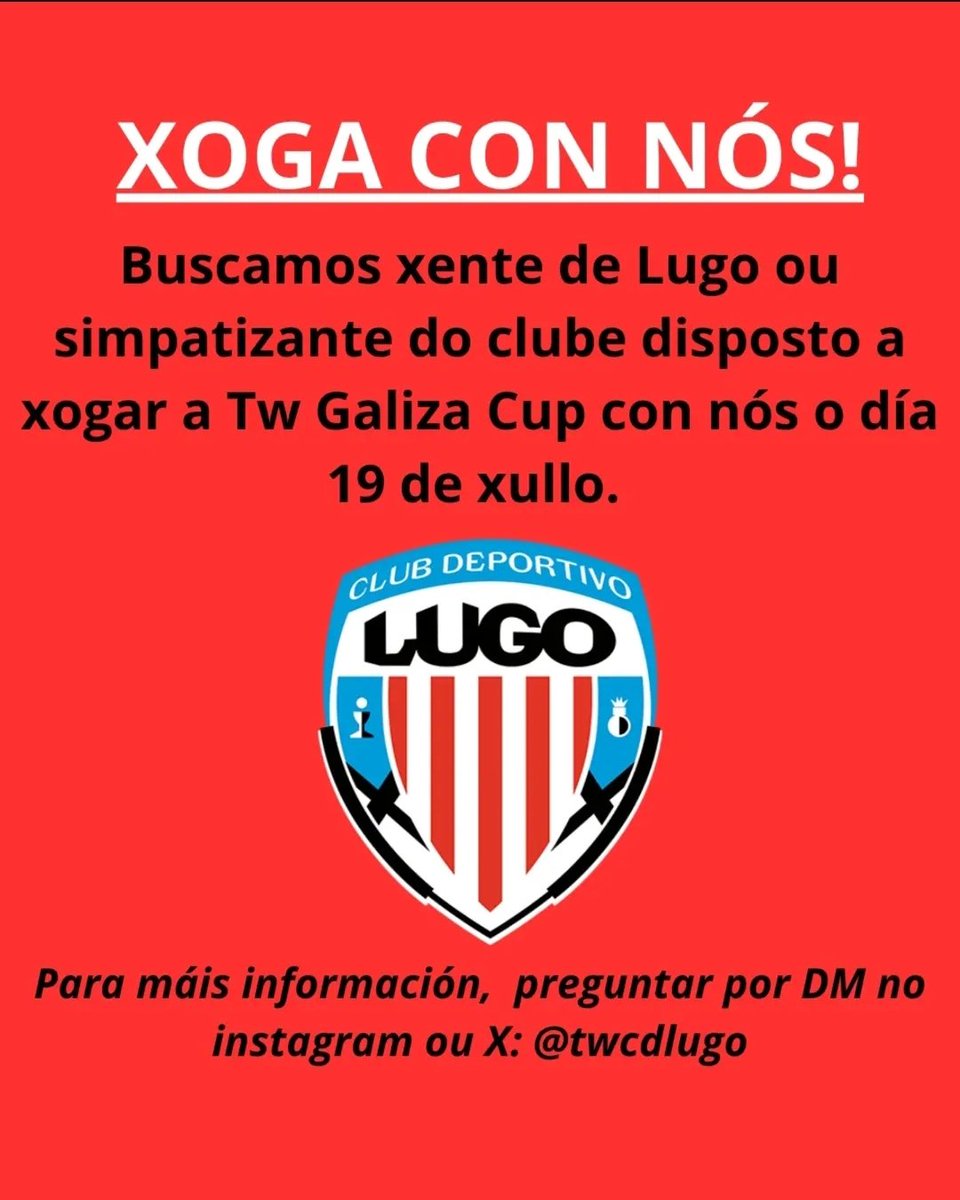 Estamos tendo problemas de lesións e imos ter que fichar a un par! Se te animas, falanos polo privado da conta de IG!

Requisitos:
- Ser do Lugo
- Odiar Ferrol