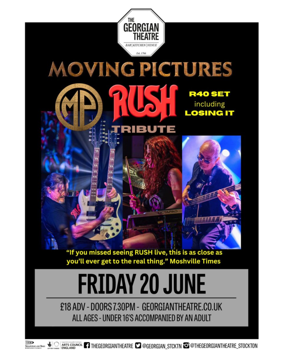 Fri 20th June - Moving Pictures

Power trio MOVING PICTURES are a RUSH tribute at the top of their game. Playing over 120 shows in 2023/24, including Lakeside Park in Canada for Neil Peart’s family and Rush fan conventions in UK, Holland and Brazil.

🎟 georgiantheatre.co.uk/live-events/mo…