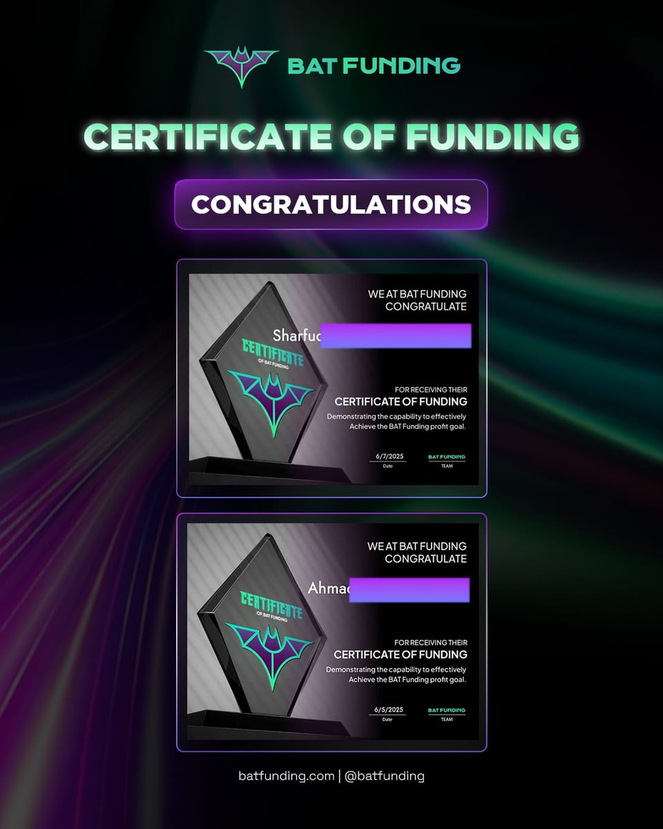 BatFunding's tweet photo. Proud to announce our newest funded traders—let’s make those profits! 💪💵
#batfunding #fundedcertificate #fundedtrader #fundedwithBAT #propfirmlife #propfirmtrading #forextrading #tradergoals #tradetofreedom https://t.co/aRRCiBCdlE