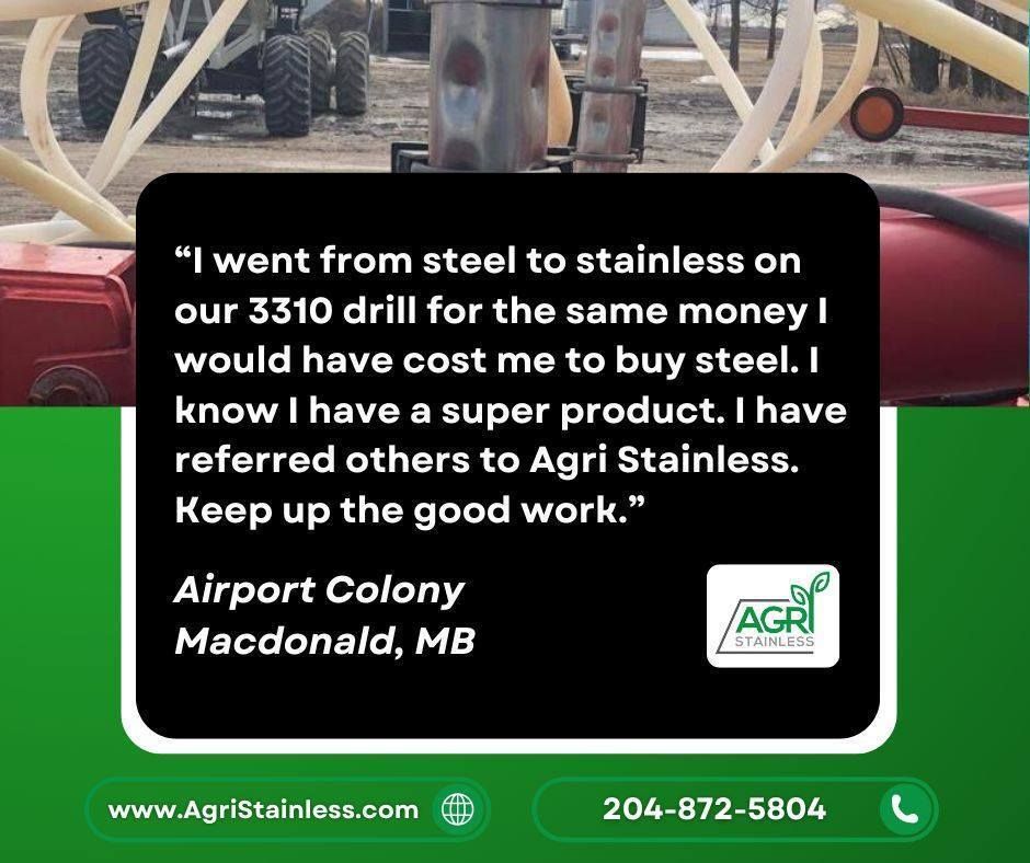 Our stainless steel parts make a positive difference for farmers both in the field and their pocket! 🌱💰

The Airport Colony from MacDonald, MB switched to stainless steel at the same cost as regular steel parts and now don't have to worry about rust ever again!