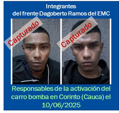 Brigadier general Carlos Fernando Triana Beltrán (@directorpolicia) on Twitter photo ¡𝗖𝗔𝗘𝗡 𝗣𝗥𝗘𝗦𝗨𝗡𝗧𝗢𝗦 𝗥𝗘𝗦𝗣𝗢𝗡𝗦𝗔𝗕𝗟𝗘𝗦 𝗗𝗘 𝗖𝗔𝗥𝗥𝗢 𝗕𝗢𝗠𝗕𝗔 𝗘𝗡 𝗖𝗢𝗥𝗜𝗡𝗧𝗢! En el casco urbano de este municipio caucano, en desarrollo de la ofensiva contra el multicrimen y el delito, la <a href="/PoliciaColombia/">Policía de Colombia</a>, en coordinación con el <a href="/COL_EJERCITO/">Ejército Nacional de Colombia</a> y la ¡𝗖𝗔𝗘𝗡 𝗣𝗥𝗘𝗦𝗨𝗡𝗧𝗢𝗦 𝗥𝗘𝗦𝗣𝗢𝗡𝗦𝗔𝗕𝗟𝗘𝗦 𝗗𝗘 𝗖𝗔𝗥𝗥𝗢 𝗕𝗢𝗠𝗕𝗔 𝗘𝗡 𝗖𝗢𝗥𝗜𝗡𝗧𝗢! En el casco urbano de este municipio caucano, en desarrollo de la ofensiva contra el multicrimen y el delito, la <a href="/PoliciaColombia/">Policía de Colombia</a>, en coordinación con el <a href="/COL_EJERCITO/">Ejército Nacional de Colombia</a> y la