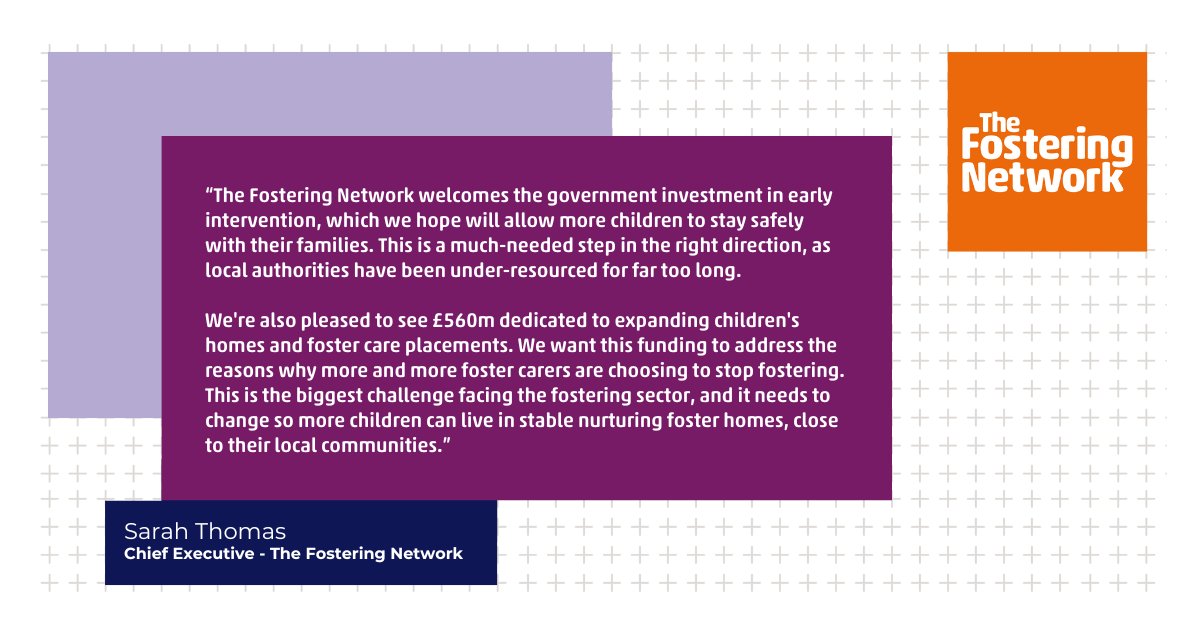 We welcome the investment in children’s social care announced in this week’s #SpendingReview. We want to see this funding tackle the root causes driving more foster carers to leave the system – that’s the most urgent challenge facing the sector today.

Read our CEO's statement: