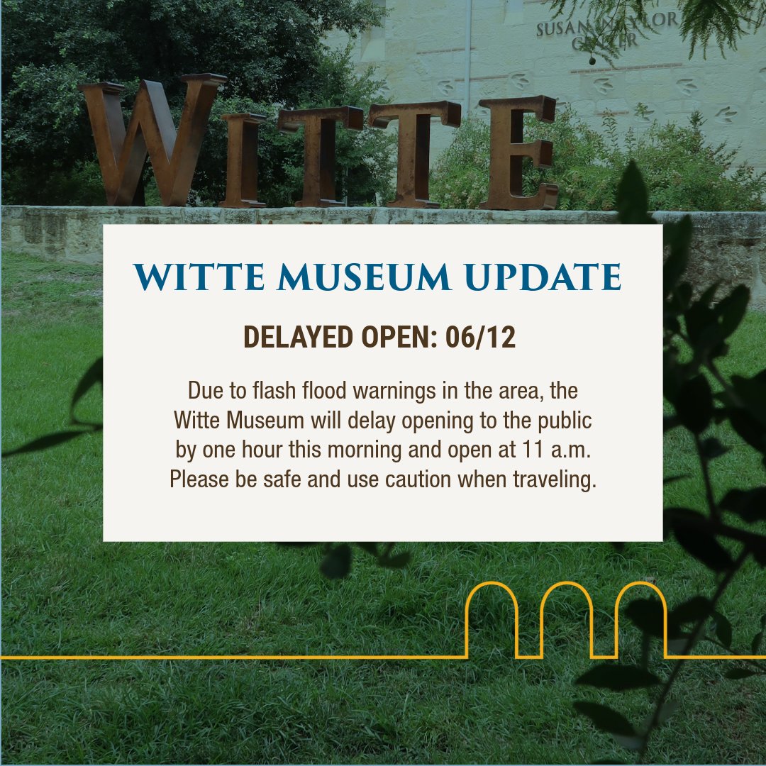 🌧️ Due to flash flood warnings in the area, the Witte Museum will open at 11 a.m. today. Stay safe out there and travel with caution, we’ll see you soon! 🦕💛