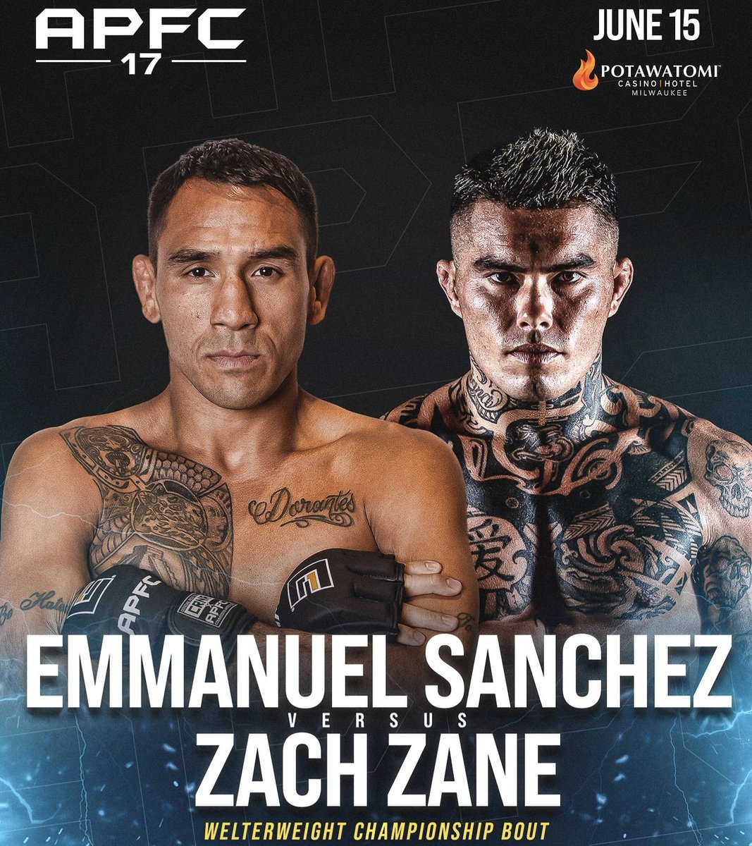 🚨 APFC 17 🚨 

The vacant APFC Welterweight title is ON THE LINE!!

Emmanuel Sanchez vs Zach Zane - this Sunday June 15th in the main event. 

#APFC17

(Credit: <a href="/anthonypettisfc/">APFC by Anthony Pettis</a>)

<a href="/CSTodayNews/">COMBAT SPORTS TODAY</a> 📰