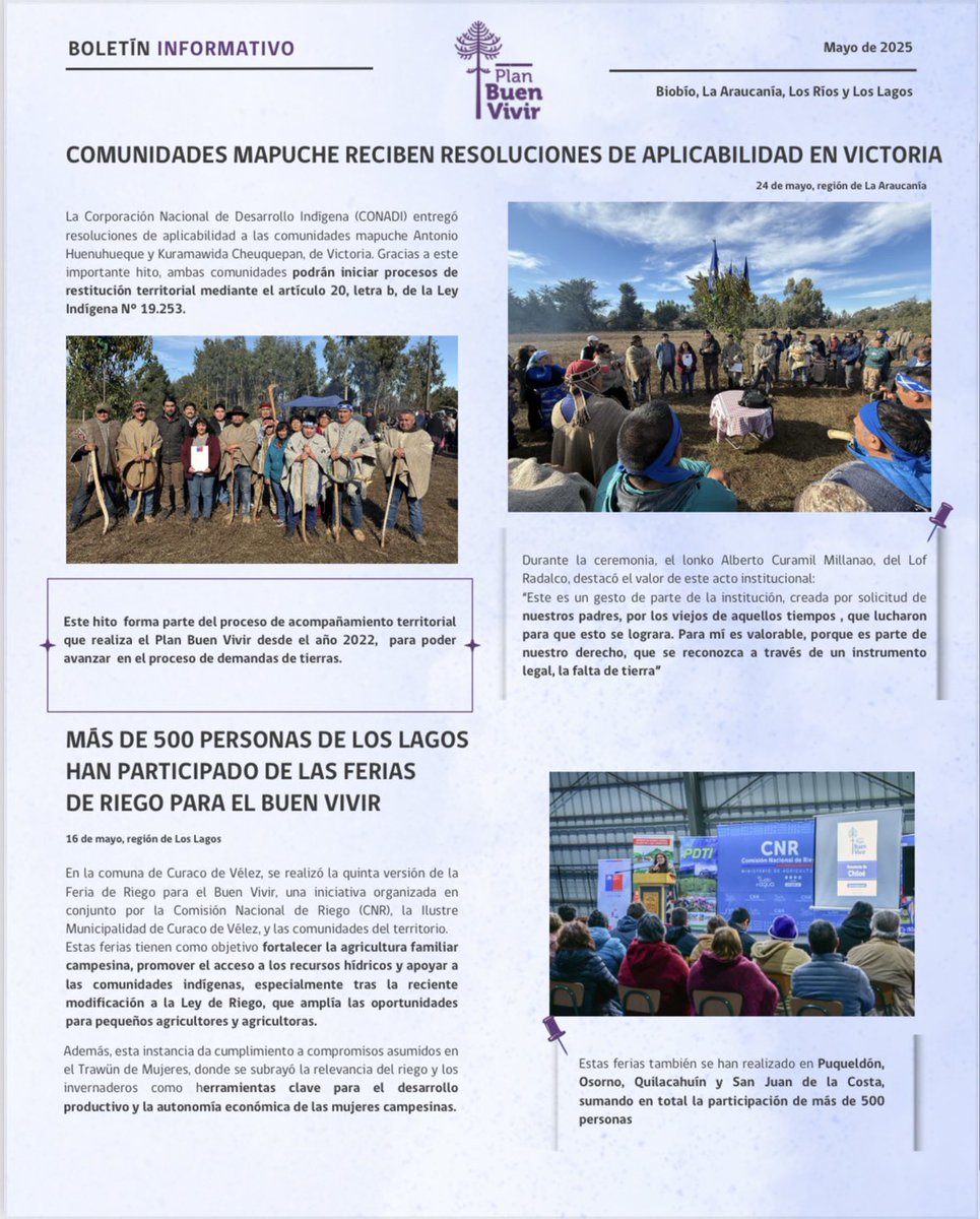 📢 ¡Ya está disponible el Boletín Informativo de mayo del #PlanBuenVivir! 💬✨
5 hitos importantes:
🙌Informe por la Paz y el Entendimiento, certificación de mujeres en Los Lagos, agua potable para familias en Quilaco, resoluciones de aplicabilidad en Victoria y Ferias de Riego🤝