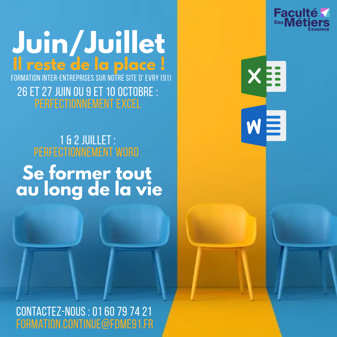FacDesMetiers91's tweet photo. 🚀 Stages de perfectionnement en bureautique – FDME

📅 Excel : 26 &amp; 27 juin ou 9 &amp; 10 octobre
📅 Word : 1er &amp; 2 juillet
📍 En présentiel, dans nos locaux à Évry-Courcouronnes (91000)

Améliorez vos compétences et gagnez en efficacité

👉 Places limitées, réservez vite ! https://t.co/em96zGnYEv