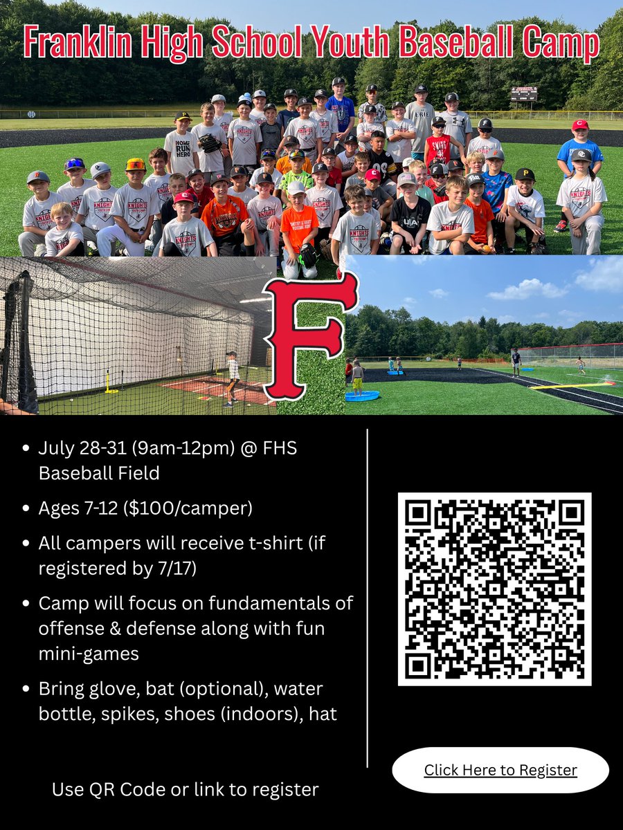 Franklin HS Baseball will host its 5th Annual Youth Baseball Camp.

Camp will be ran by FHS coaches, players, and alumni.

Use link to register... docs.google.com/forms/d/e/1FAI…