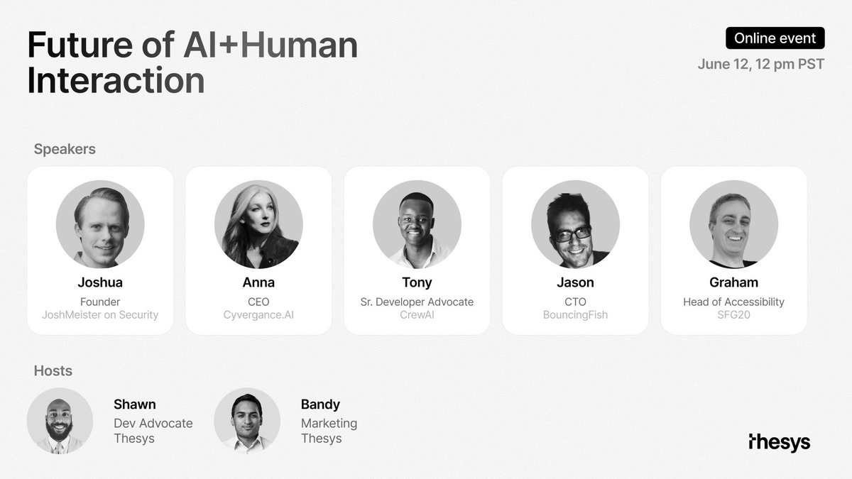 Shawn Charles🎤🔥 (@shawnbasquiat) on Twitter photo Join us for Future of AI + Human Interaction🤖🔥
🗓️ July 12th | 🕛 12PM
A deep dive into how AI is reshaping the way we connect, create, and collaborate.
<a href="/GrahamTheDev/">GrahamTheDev</a> - Designing for All:
Accessibility and Generative UI
<a href="/tonykipkemboi/">Tony Kipkemboi</a> & <a href="/jasonkneen/">Jason Kneen</a> - Smart Systems: Agents & Join us for Future of AI + Human Interaction🤖🔥
🗓️ July 12th | 🕛 12PM
A deep dive into how AI is reshaping the way we connect, create, and collaborate.
<a href="/GrahamTheDev/">GrahamTheDev</a> - Designing for All:
Accessibility and Generative UI
<a href="/tonykipkemboi/">Tony Kipkemboi</a> & <a href="/jasonkneen/">Jason Kneen</a> - Smart Systems: Agents &