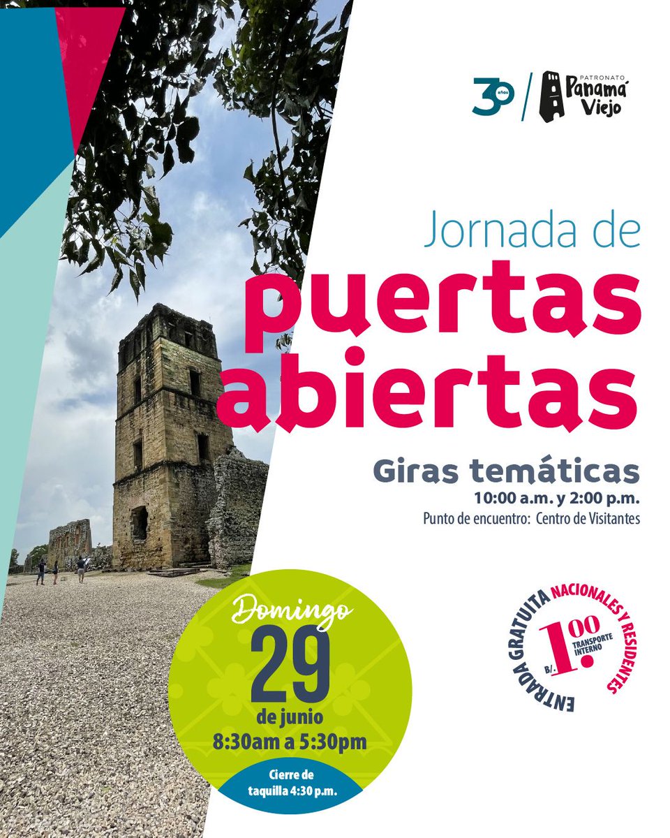 Te esperamos este domingo 29 de junio en la jornada de puertas abiertas en Panamá Viejo. 
📢Entrada gratuita para nacionales y residentes.
Horario: de 8:30 am a 5:30 pm ( Taquilla cierra a las 4:30 pm).
