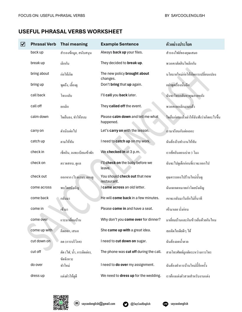 readandpaws's tweet photo. รวมมาให้แล้ว 100 Useful Phrasal Verbs ไม่ได้สอบก็เรียนรู้สะสมเก็บไว้ใช้ตอนฝึก speaking ได้ค่ะ 

พลังของนิสัยเล็กๆ เรียนรู้ทุกวันๆละ 5-10 คำ ไม่ถึงเดือนก็เรียนรู้ได้หมดทั้ง 5 หน้านี้แล้วววว เมื่อได้รับ input แล้วก็อย่าลืมสร้าง output ด้วยการดึงออกไปใช้ตอนฝึกพูดด้วยนะคะ 

ยิ่งเจอบ่อยยิ่งจำได้ ยิ่งได้ดึงออกไปใช้ด้วยแล้ว ยิ่งจำได้ไม่ลืม

Download (PDF, 5 pages): https://t.co/dLORdfCdG7