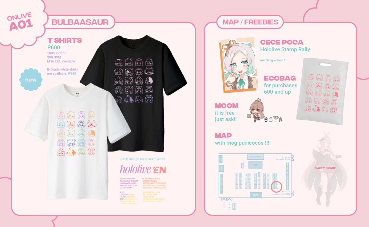 helloo here’s my (mostly) hololive catalog for onlive, i will be at table A-01 (in the corner) with meg!! see you all!!!

new items: regloss, myth, indies, holoen t-shirts!

#ONLivePH #ONLivePH2025