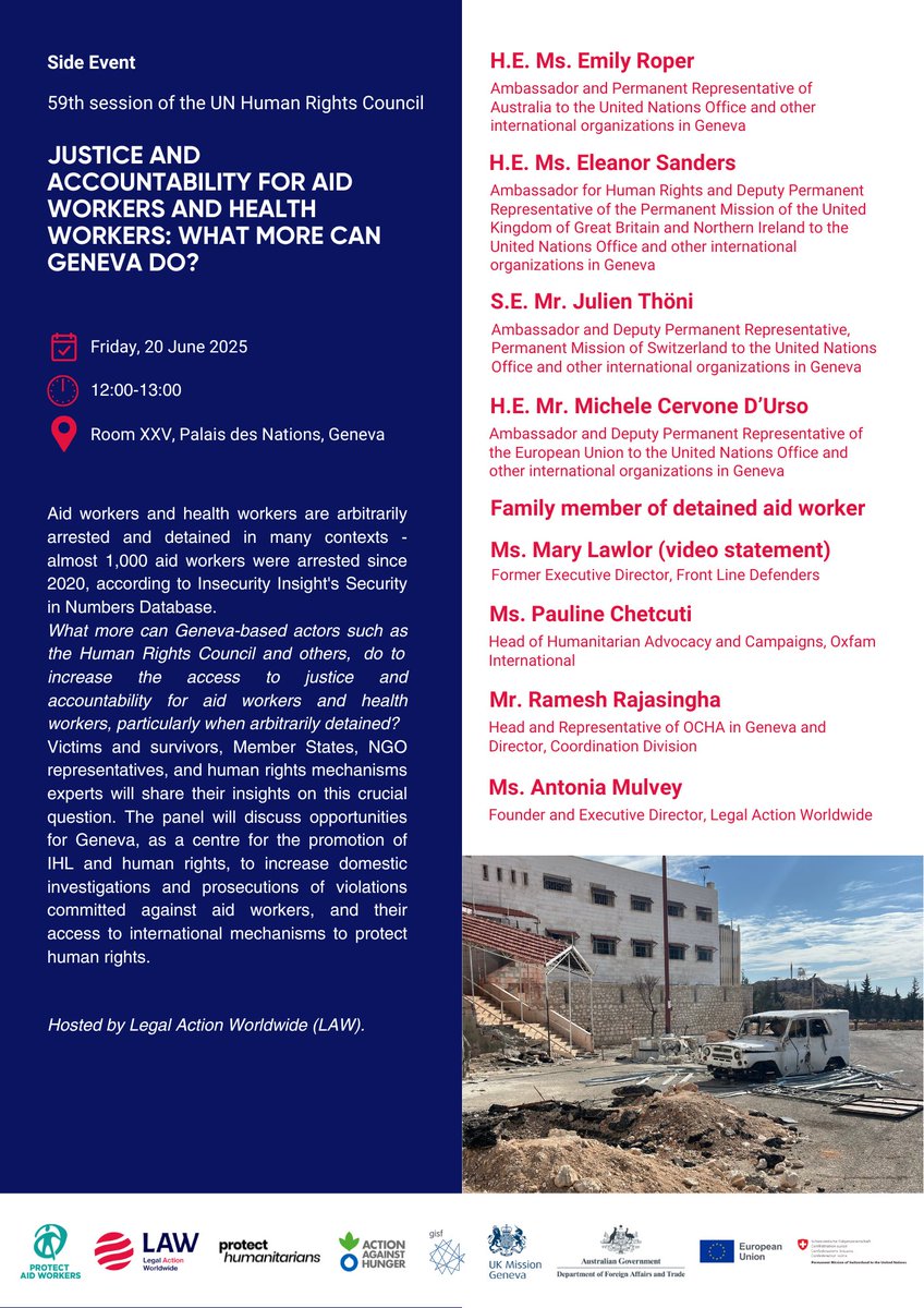 Legal Action Worldwide (LAW) (@legalactionww) on Twitter photo 🚨Nearly 1,000 aid workers detained since 2020. What can Geneva do for #justice & #accountability?
🗓 20 June | 🕛 12:00–13:00
📍 Room XXV, Palais des Nations
Join #HRC59 side event hosted by <a href="/LegalActionWW/">Legal Action Worldwide (LAW)</a>
#ProtectAidWorkers #NotATarget #Geneva #ProtectHumanitarians 🚨Nearly 1,000 aid workers detained since 2020. What can Geneva do for #justice & #accountability?
🗓 20 June | 🕛 12:00–13:00
📍 Room XXV, Palais des Nations
Join #HRC59 side event hosted by <a href="/LegalActionWW/">Legal Action Worldwide (LAW)</a>
#ProtectAidWorkers #NotATarget #Geneva #ProtectHumanitarians