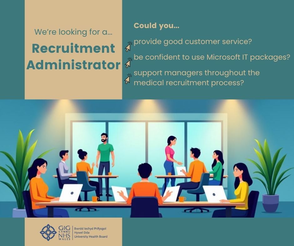 ** Recruitment Administrator **

Could you...
💻 provide good customer service?
💻 be confident to use Microsoft IT packages?
💻 support managers throughout the medical recruitment process?

Come and be part of our team!
hduhb.nhs.wales/working-for-us…