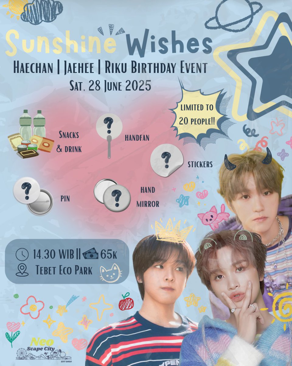 ⋆☀｡ 𝑺𝑼𝑵𝑺𝑯𝑰𝑵𝑬 𝑾𝑰𝑺𝑯𝑬𝑺 ｡☀⋆
by <a href="/neoscapecity/">Haechan Jaehee Riku Birthday Event ☀️🫧</a>
Haechan, Jaehee and Riku Birthday Event in Jakarta  💐✨

📆 Saturday, June 28th 2025
⏰ 14.30 - End
📍 Tebet Eco Park
💸 HTM:  65k ( Full Payment )
RSVP: forms.gle/zoF24xYd7iMPQQ…