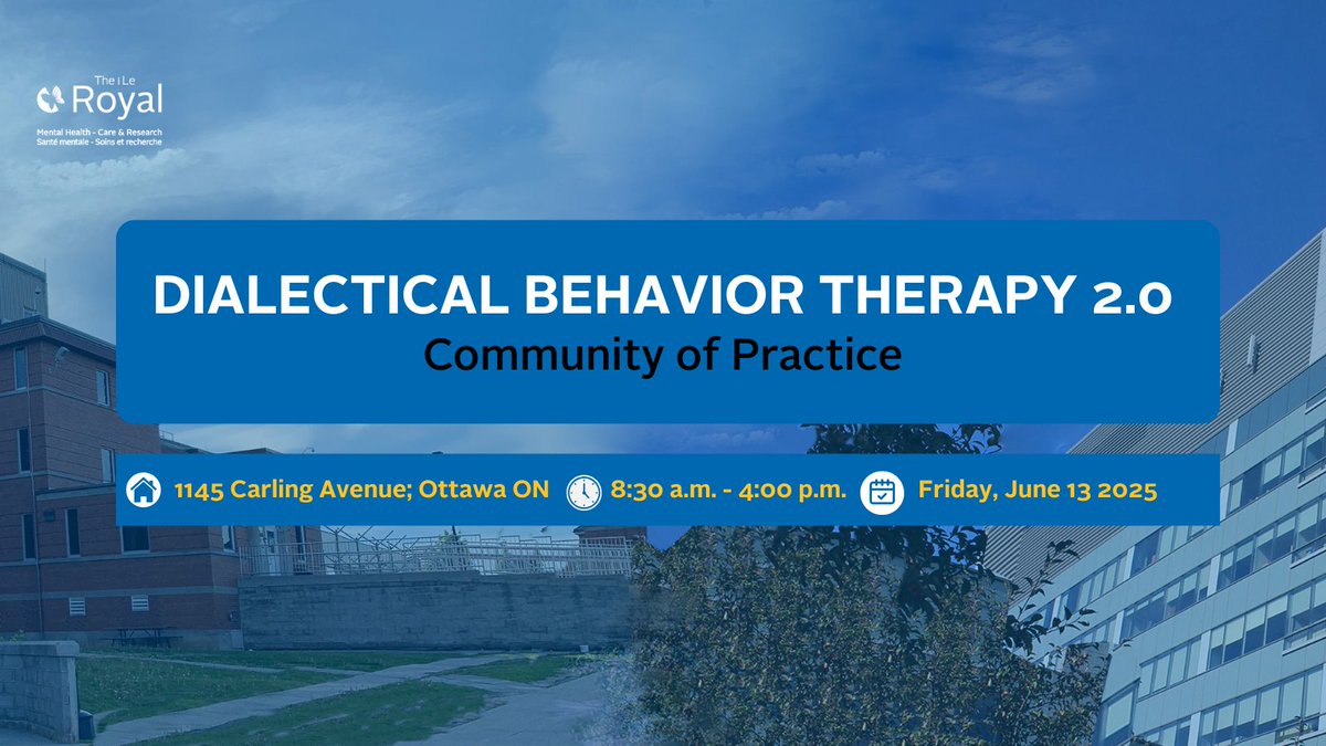 🔔 Set your reminders for TOMORROW - a day of Community of Practice focused on Dialectical Behavioural Therapy! 🔔

🎤 Shelley McMain &amp; Dr. Stacey Kosmerly
🗓️ June 13
⏰ 8:30 a.m to 4 p.m. 
🎟️ Cost: $75 regular rate | $35 student rate

Register here: theroyal.ca/events/dialect…