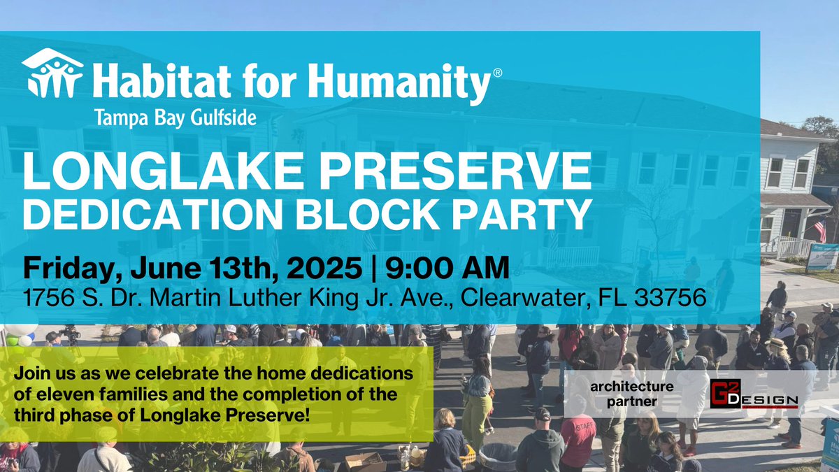 Habitat for Humanity Tampa Bay Gulfside (@habitattbg) on Twitter photo Join Habitat tomorrow, Friday, June 13th, at 9:00 AM as we celebrate home dedications for eleven deserving families at Longlake Preserve.
Thanks to home sponsors <a href="/MaintenXOnline/">MaintenX</a>, <a href="/PowerDesignInc/">Power Design</a>, <a href="/LokeyCharitiesI/">LokeyCharitiesInc</a>, <a href="/MarineMax/">MarineMax</a>, and KAM Roofing.
RSVP: bit.ly/3Fy0FGY Join Habitat tomorrow, Friday, June 13th, at 9:00 AM as we celebrate home dedications for eleven deserving families at Longlake Preserve.
Thanks to home sponsors <a href="/MaintenXOnline/">MaintenX</a>, <a href="/PowerDesignInc/">Power Design</a>, <a href="/LokeyCharitiesI/">LokeyCharitiesInc</a>, <a href="/MarineMax/">MarineMax</a>, and KAM Roofing.
RSVP: bit.ly/3Fy0FGY