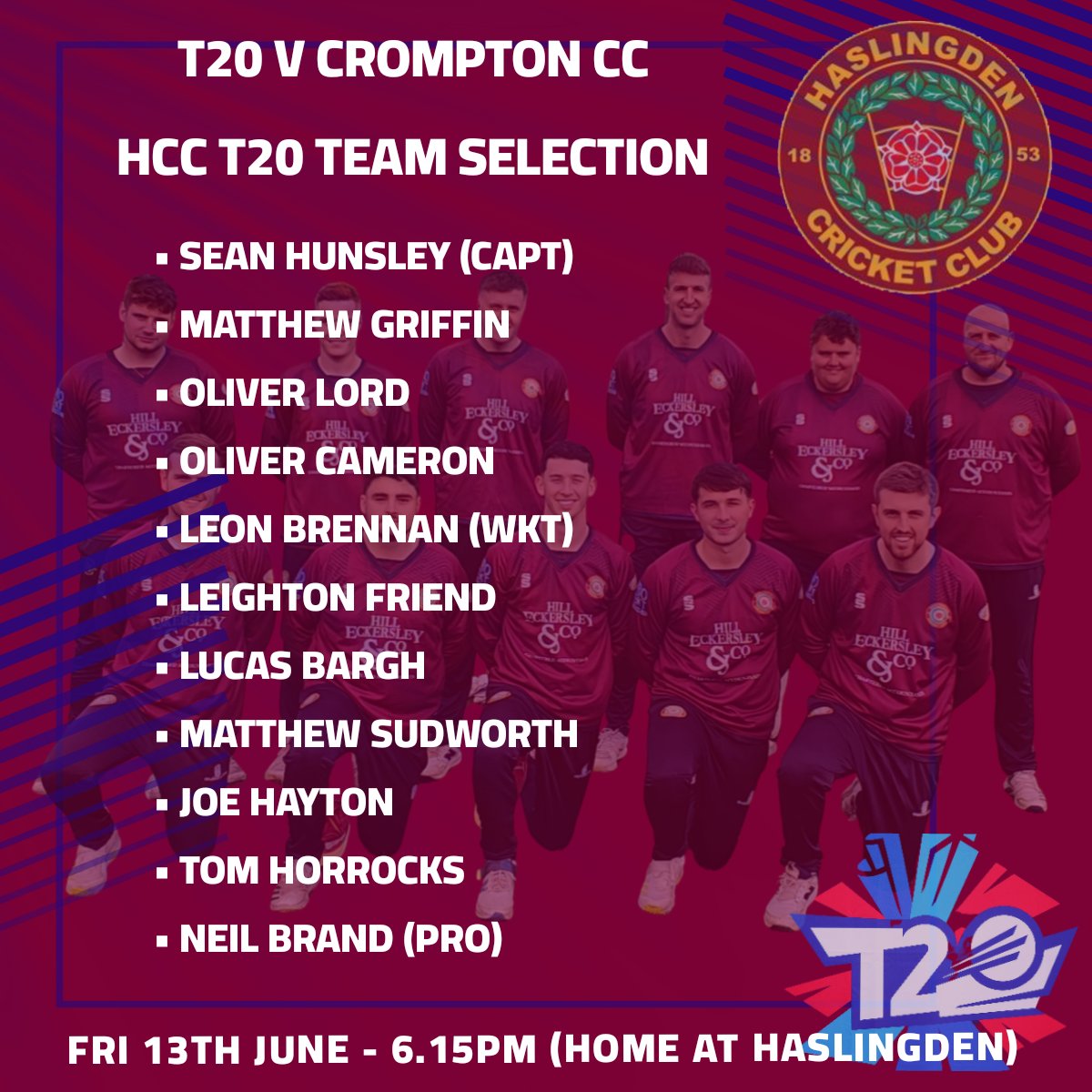 T20 team selection for tomorrow night's fixture v Crompton CC

6.15pm start