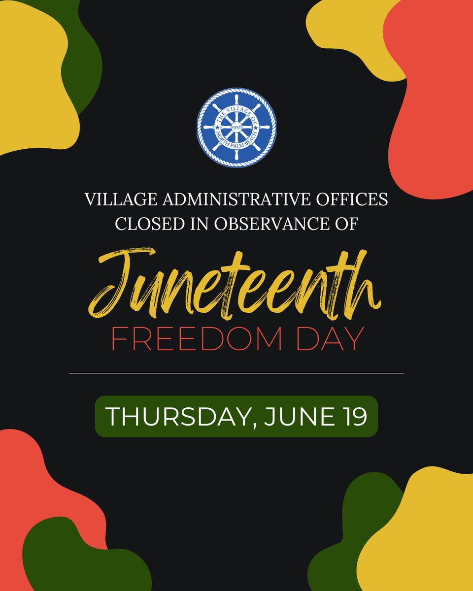 In observance of Juneteenth, Village Admin offices will be closed on Thu, 6/19 &amp; will reopen on Fri, 6/20 at 7am. There will be NO trash pickup on Thu, 6/19. Regular collection will resume the following day. For all Village facility hours, please visit tinyurl.com/bddmpk89