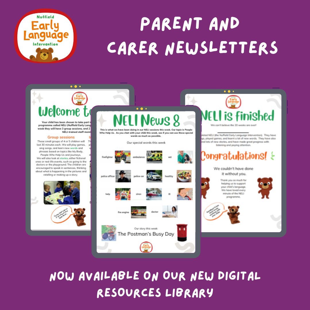 teachNELI's tweet image. ❓Did you know we have a series of NELI newsletters for you to share with the parents and carers of children in your NELI groups? You can now download them from our new Digital Resources Library! If you need help, please email us on support@teachneli.org