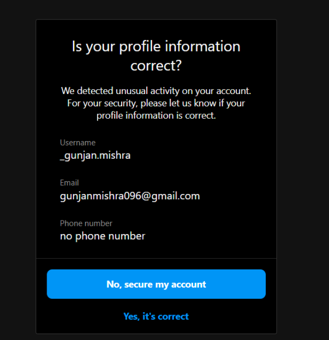 _GunjanMishra's tweet photo. Can't log in to my insta. Clicking “Yes,it’s correct” just loads forever. Tried “Not secure” to reset password, but stuck at “Review profile”- nothing works. Network tab shows 500 error. email but no res

Username: _Gunjan.Mishra
Email: gunjanmishra096@gmail.com
@Instagram, help! https://t.co/LNjmmS6jdh