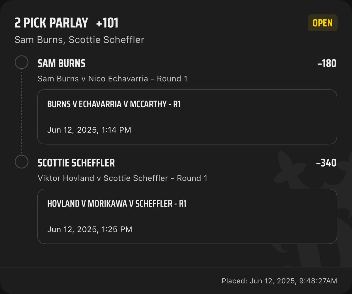 6/12 PGA 

World #1 to be a machine again today. 

Burns over Nico. Burns is on a good run of tourneys here. Top 20 at the PGA championship, 12th at Muirfield, and then second after the playoff in Canada. He’s placed better in 7/8 events they’ve played in together this year.