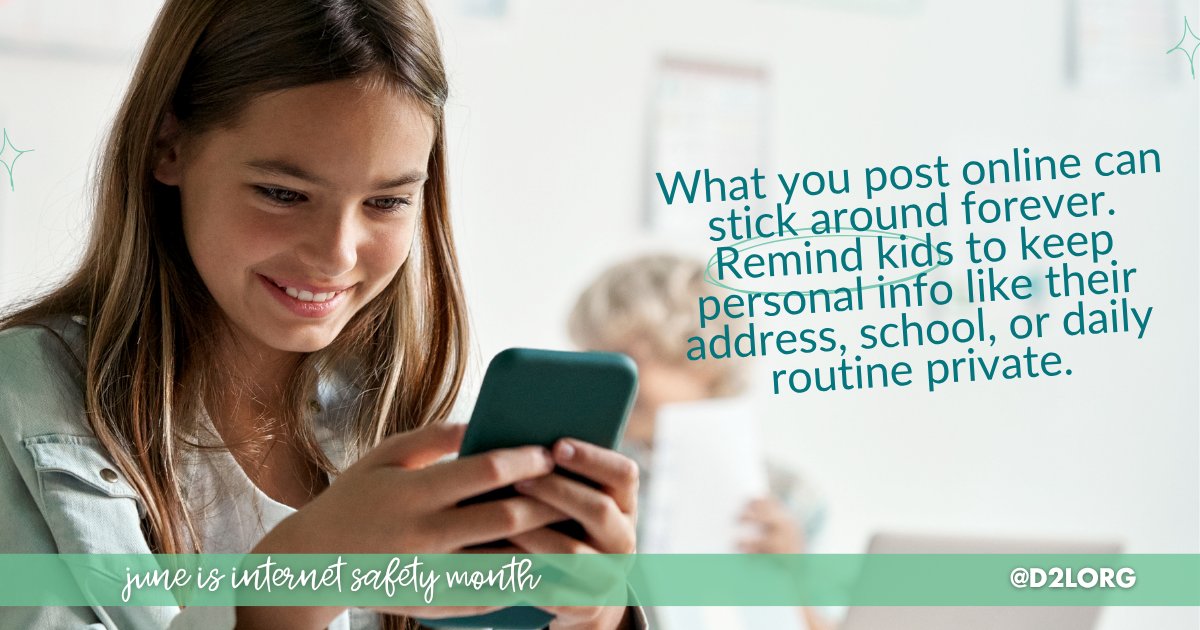 Darkness2Light's tweet image. It’s easy to hit “post” without thinking twice—but what we share online can stick around forever.
This #InternetSafetyMonth, help the kids understand the importance of keeping personal info—like their address, school name, or daily schedule—private.