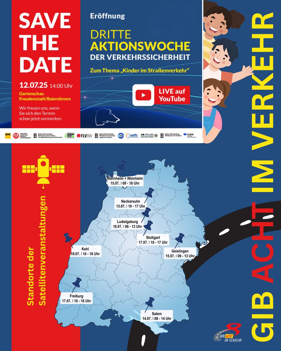Am 12. Juli 2025 startet #GIBACHTIMVERKEHR in die dritte #AktionswocheDerVerkehrssicherheit mit dem Schwerpunktthema #KinderImStraßenverkehr .

Bei der Auftaktveranstaltung gibt es tolle Preise wie z.B. einen Hubschrauberflug zu gewinnen.

gib-acht-im-verkehr.de/aktuelles/akti…