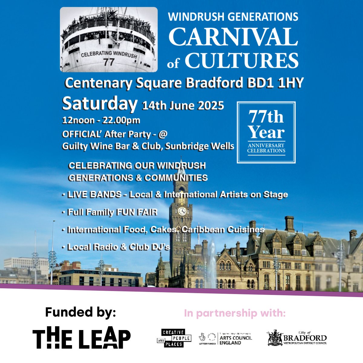 🇯🇲🎉 Celebrate Caribbean Culture in Bradford!

Join us for a vibrant festival honouring the Windrush Generation, culture, heritage &amp; lasting contributions to British society.  🌴🥁✨

#theleapBD #Windrush75 #CaribbeanCulture #BradfordFestival #WindrushGeneration