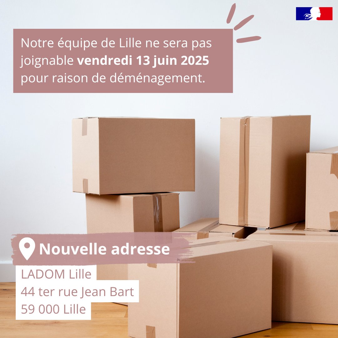 LadomOfficiel's tweet image. 📢 Information importante : déménagement de LADOM Lille !

📍 Nouvelle adresse : 44 ter rue Jean Bart, 59 000 Lille.

 #Lille #Déménagement #LADOM #outremer #mobilité #equipe