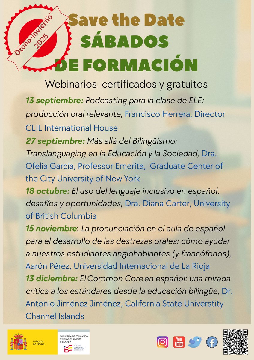 🌟 ¡Sábados de formación 2025! 📚
🎓 ¡No te pierdas nuestra formación en línea, certificada y gratuita!  Save the date!
Aprende, conecta y crece como docente con nuestros cursos. 🌍✨
#FormaciónDocente #SábadosDeFormación #SpainEdOffice #AcciónEducativaExterior